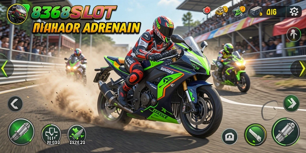 Tampilan gameplay seru dan menegangkan dalam 8368SLOT saat balapan motor.
