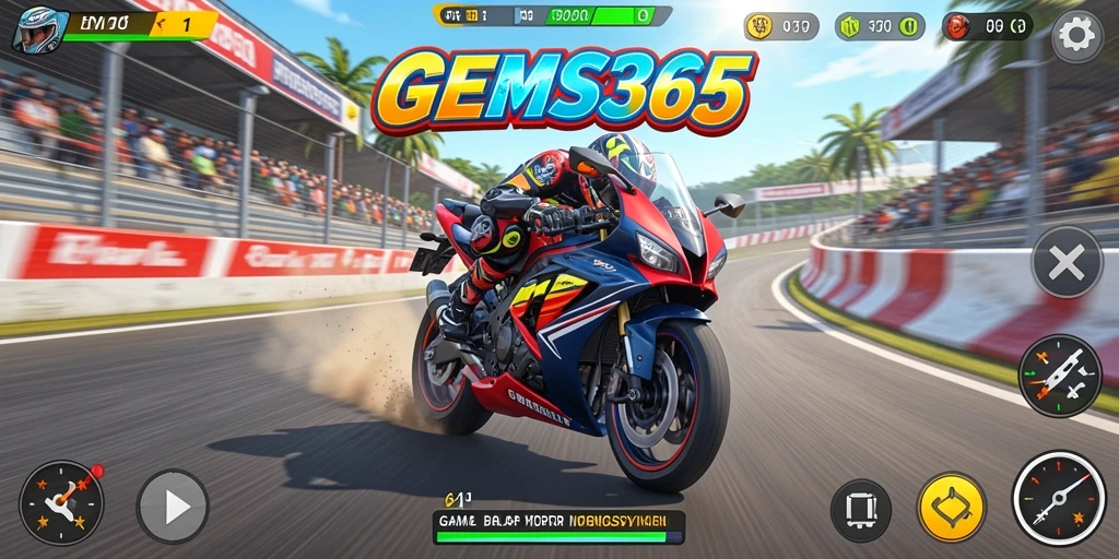 Tampilan gameplay GEMS365 yang menegangkan dan penuh aksi balap motor.