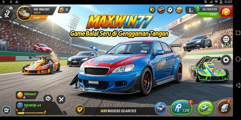 Tampilan gameplay MAXWIN77 dengan mobil balap di trek yang menegangkan.